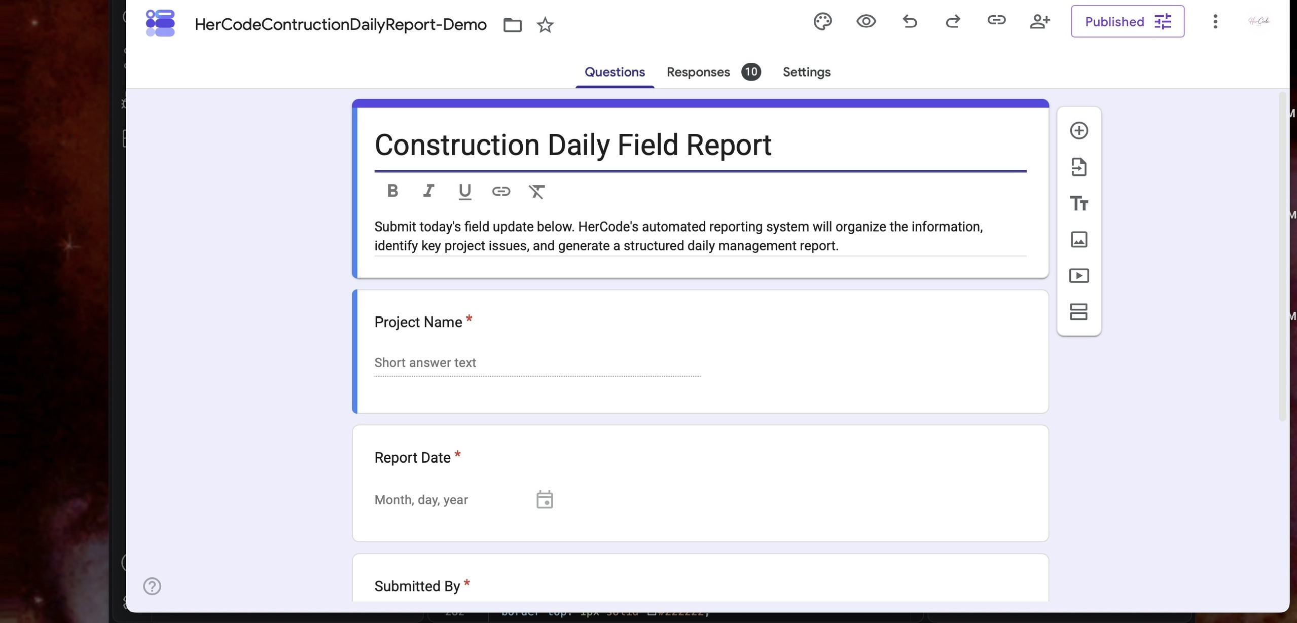 Construction daily field report form