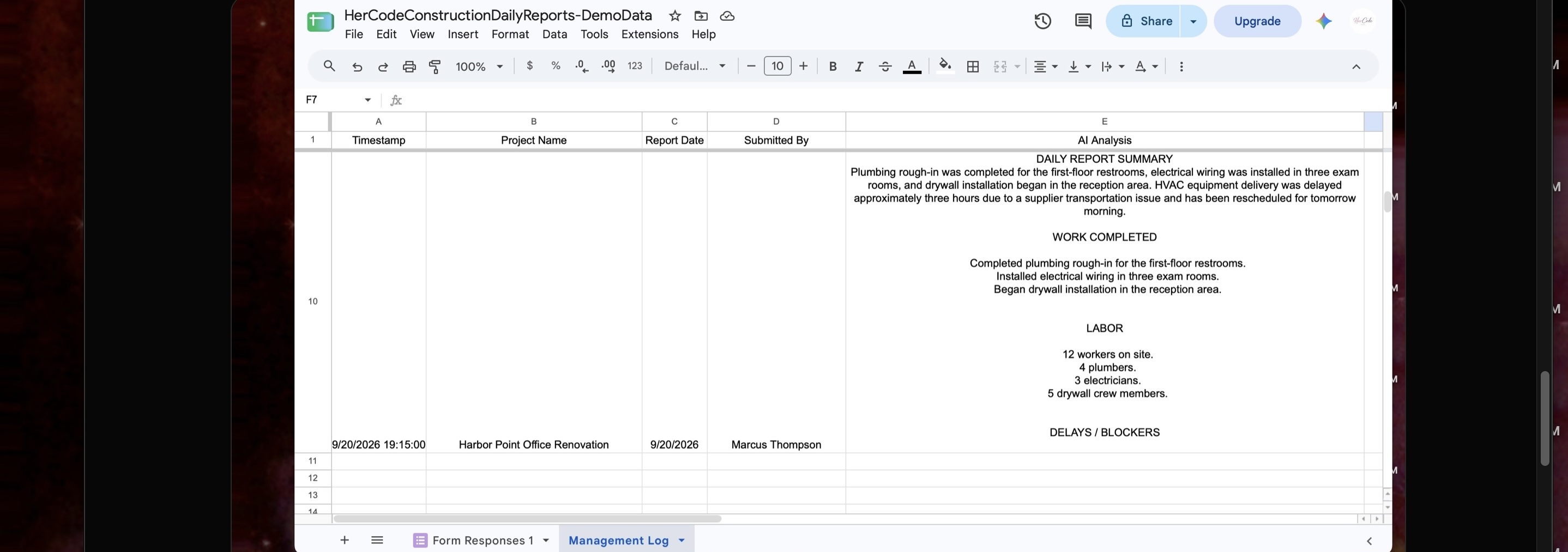 HerCode construction daily report automation management log